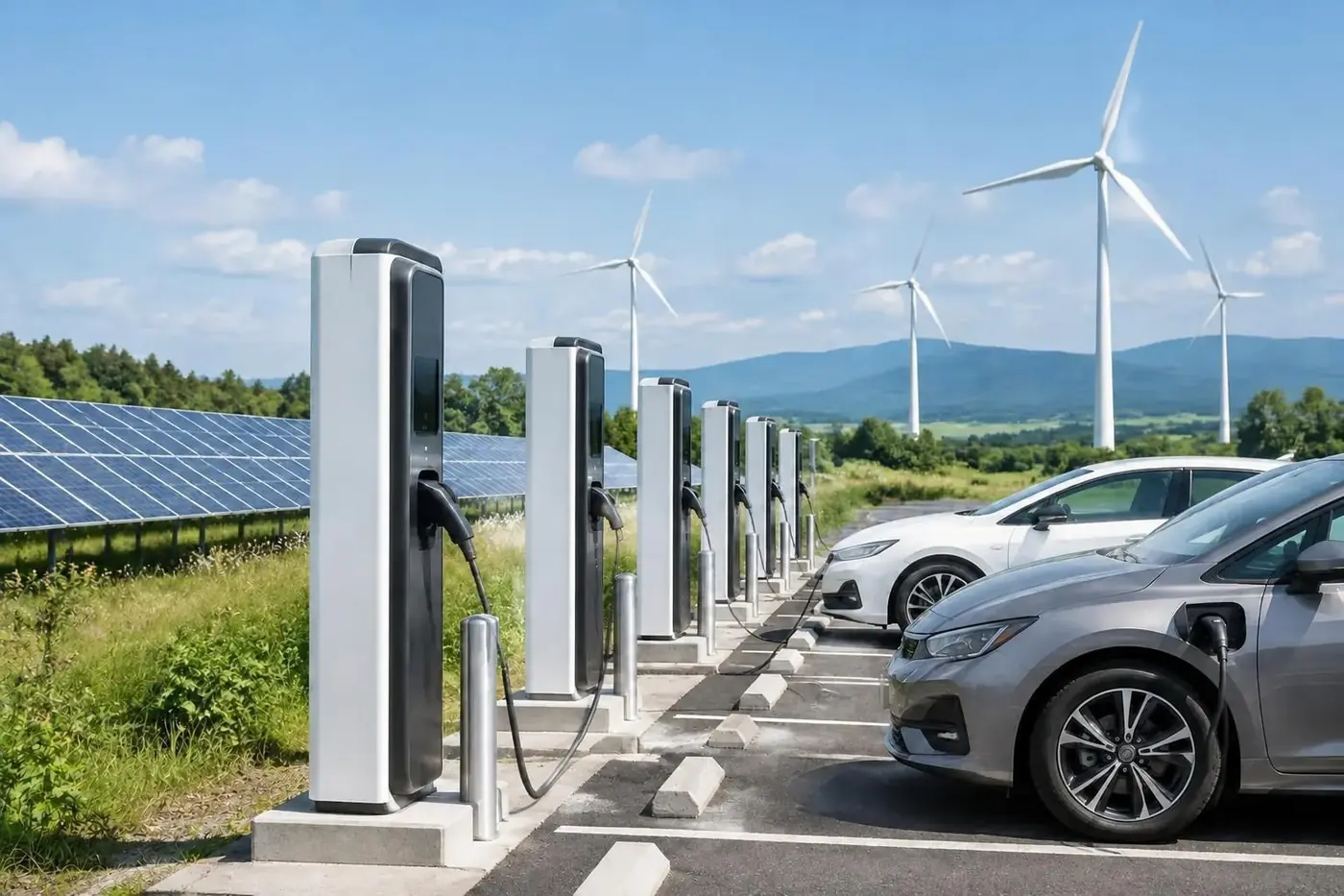 Rij laadpalen met zonnepanelen en windturbines op de achtergrond